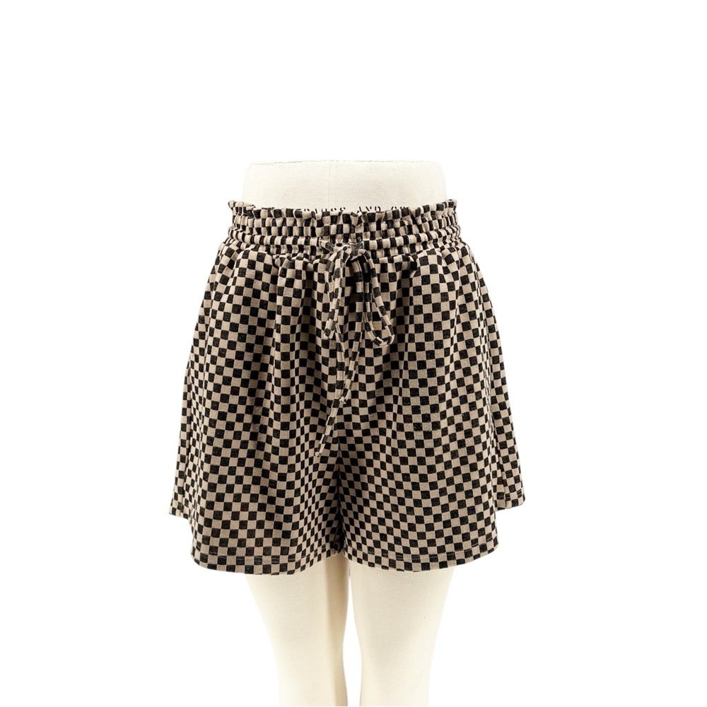 Anniewear Tan and Black Checkered Comfy Stretch Drawstring Shorts Size Large